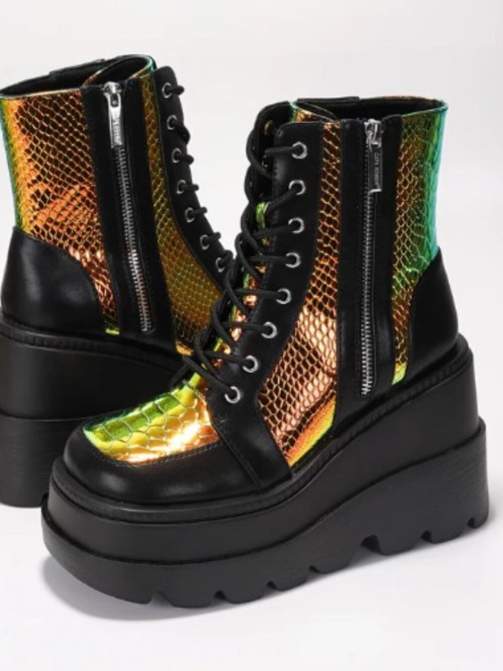 NWOT Cape Robbin Y2K "Radio" Rainbow Holographic Platform Lace-up Boots (US 10)